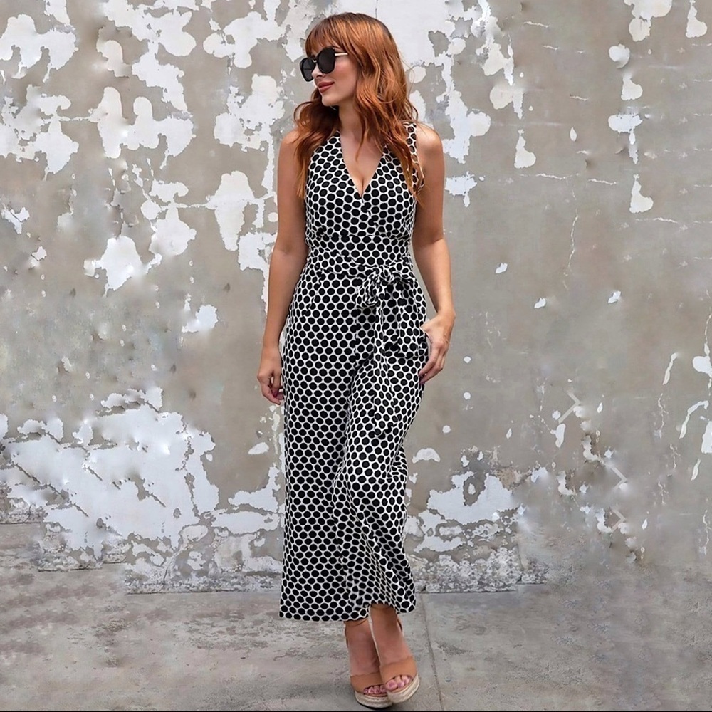 Anthropologie Eva Franco Masha Jumpsuit Wide Leg Crop Black Polka Dot Small